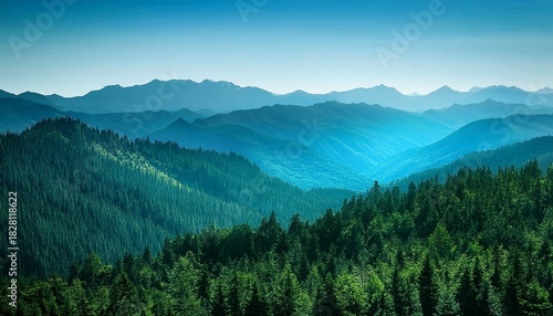 Digital Green And Blue Forested Landscape With Mountains Graphics Poster Background