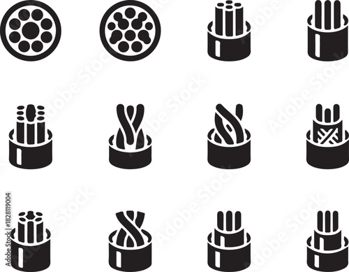Collection of twelve different cable wire icons showing various cross sections and braiding