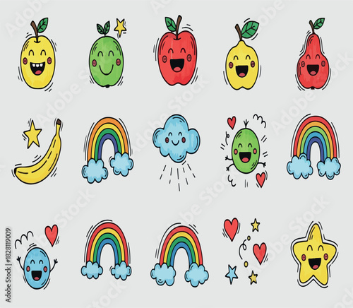 Cheerful hand drawn fruit, cloud, rainbow, and star characters create a whimsical cartoon scene