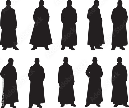 Silhouettes of men in long coats, diverse poses and angles, white background