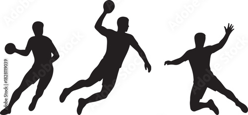 Handball players in silhouette, mid-action, isolated on white background