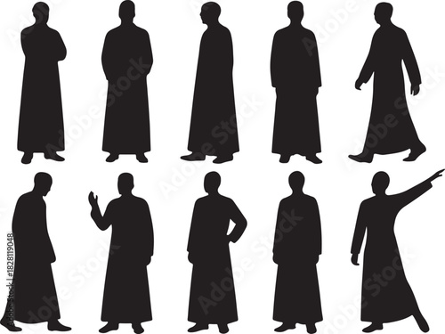 Ten diverse silhouette poses of a person in a long robe on white background