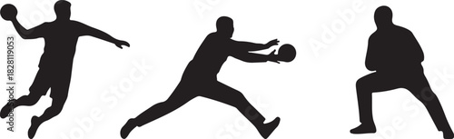 Handball player silhouette in action: throwing, catching, and defending poses