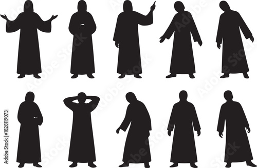 Silhouette figures in traditional robes showcase diverse poses and gestures
