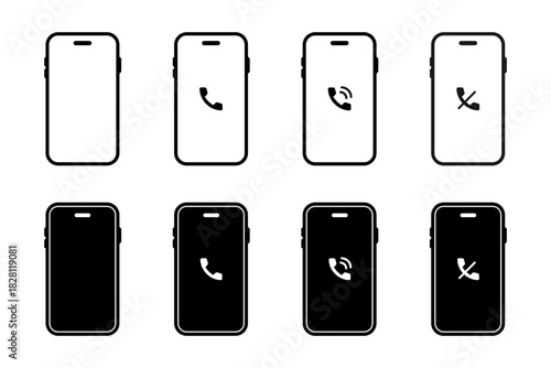 Smartphone mockup. Mobile screens with call, ringing and mute handset actions for communication vector illustration. Contact alerts, device connect features and phone service tools sign.