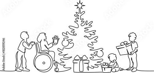 Vector illustration of a boy giving a present to a little disabled girl in a wheelchair.