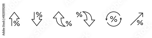 Arrow icon. Linear up, down and curved arrows with percent marks showing rate growth and decline vector illustration. Finance trend movement, market change analysis and economic data direction sign.