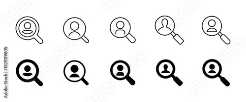 Search profile icon. Magnifier with user avatar for identity look and candidate analysis vector illustration. Tool for hiring, personnel review and applicant discovery concept. HR and job concept.