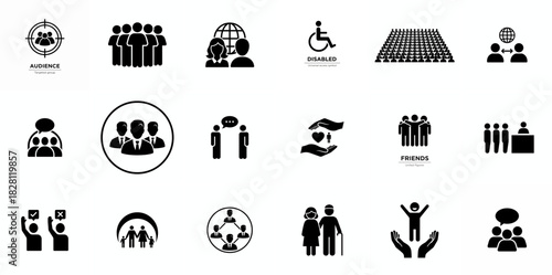 People icon set. Containing group, family, human, team, community, friends, population and senior icons. Solid icon collection.
