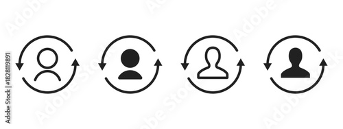 User update icon. Circular arrows show profile refresh process vector. Person sync cycle for account renewal, identity change and workflow repeat concept symbol.