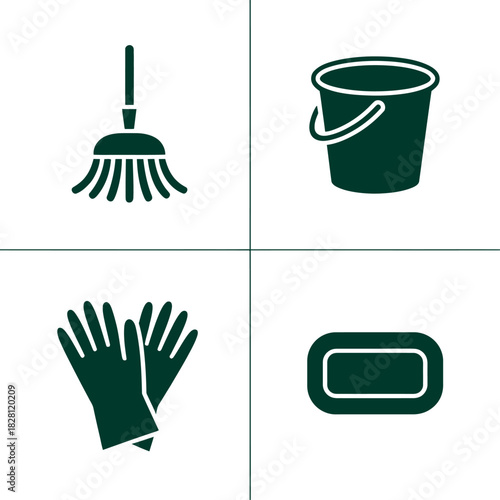A collection of cleaning supplies, including a mop, bucket, gloves, and soap.