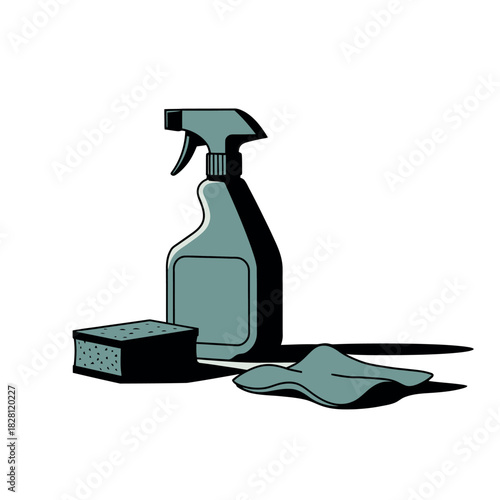 A cleaning spray bottle, sponge, and cloth are arranged on a white surface.