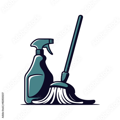 A spray bottle and a mop are cleaning supplies.