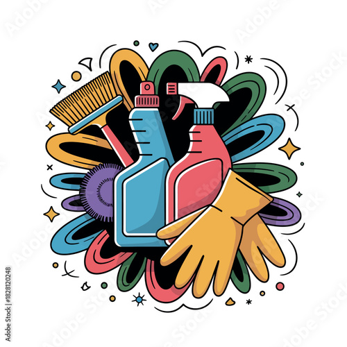 Cleaning supplies and tools arranged in a colorful, abstract pattern.