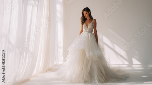 A bride standing in a softly lit bridal studio wearing a stunning long princess-style wedding dress with tulle layers and a lace bodice