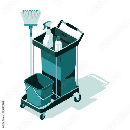 A cleaning cart with a broom, bucket, and cleaning supplies is ready for use.