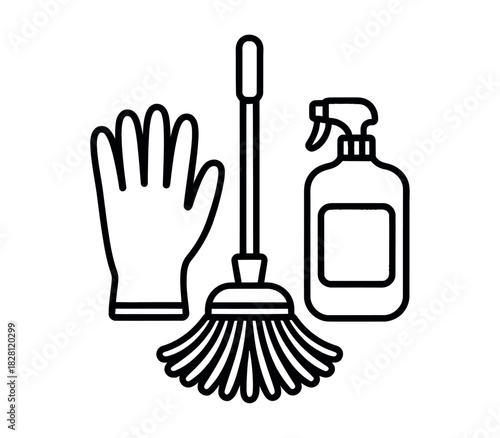 Cleaning supplies including a mop, glove, and spray bottle are prepared for household chores.