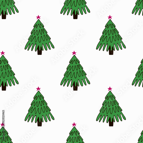 Seamless pattern with hand drawn Christmas trees on white background. Design for wrapping paper, textile, fabric. Happy New year decoration.