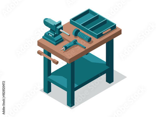 A workbench holds various tools and a tray, ready for crafting or repair work.