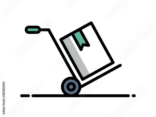 A simple illustration of a hand truck carrying a box.