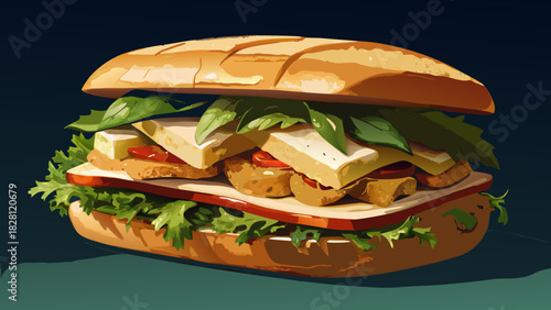 Very beautiful semi-realistic vector illustration of a hearty sandwich made with golden ciabatta, smoky-charred chicken, creamy Brie, and fresh pesto, sliced diagonally to reveal its rich, layered tex