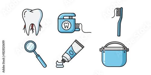 Vector Collection of Blue Line Icons for Dentist Practice and Dental Health