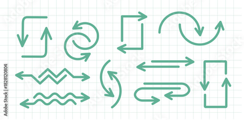 Green Line Art Arrows - Directional Icons on Graph Paper Background