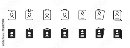 ID badge icon. Simple identification card with user avatar and document outline. Clean minimal badge design for profiles and access control symbol, sign, pictogram, concept.