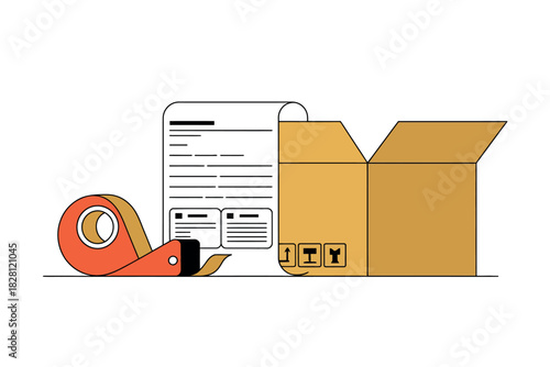 Packing tape and a shipping label adorn an open cardboard box, ready for shipment.