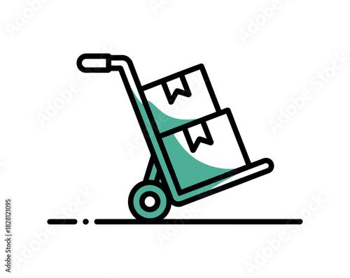 A hand truck carries two boxes, representing logistics and delivery services.