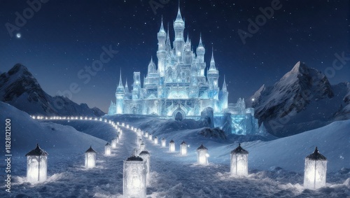An icy castle sparkles amidst a snowy mountain landscape under a starry night sky, with lanterns