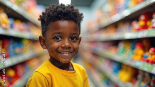 A small African-American boy stands in a supermarket aisle with shelves of products behind him. Marketing image for family grocery advertising and diverse consumer promotions