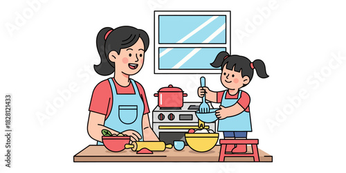 Vector Illustration of Mother and Child Making Cake or Food with Joy