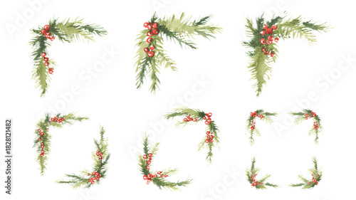 Elegant watercolor pine branch corners with berries for festive designs