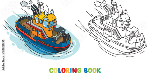 Funny tugboat with eyes. Boat or ship illustration
