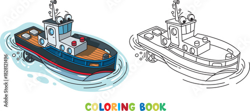 Funny tugboat with eyes. Boat or ship illustration