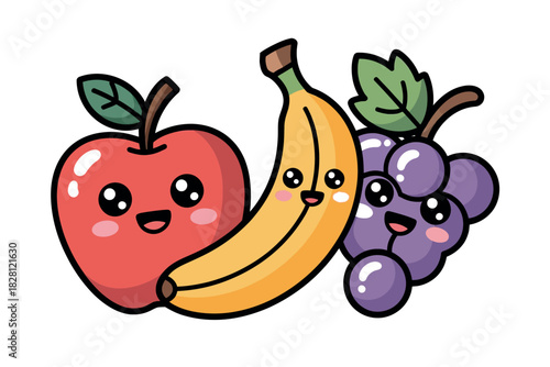 Cute cartoon fruits including an apple, banana, and grapes.