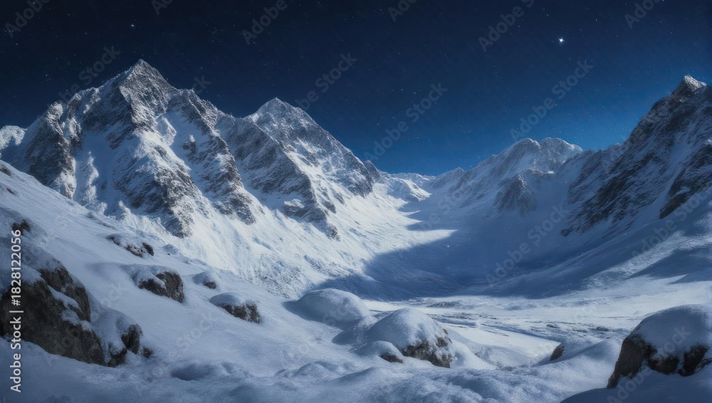 Fototapeta premium Snowy mountain range under a dark, starry sky with a bright, solitary star