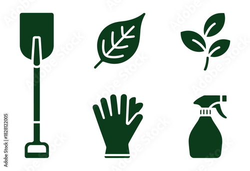 Gardening tools and natural elements are depicted against a white background.