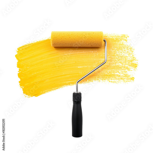 Bright Yellow Paint Stroke With Roller in a Craft Setting