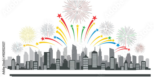 Global New Year Celebration: City Skyline Vector with Fireworks