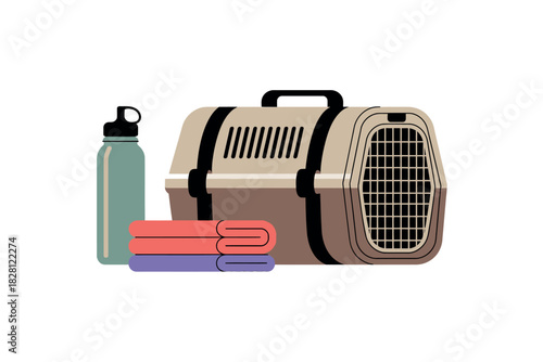 Travel carrier, folded towels, and water bottle are prepared for a pet.