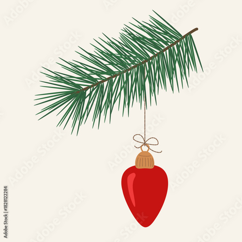 Christmas red ball hanging on a spruce branch. Vector holiday illustration in flat style.