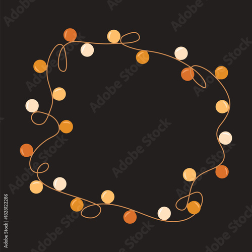 Elegant frame of garlands with festive yellow and white lights on black background in flat style.