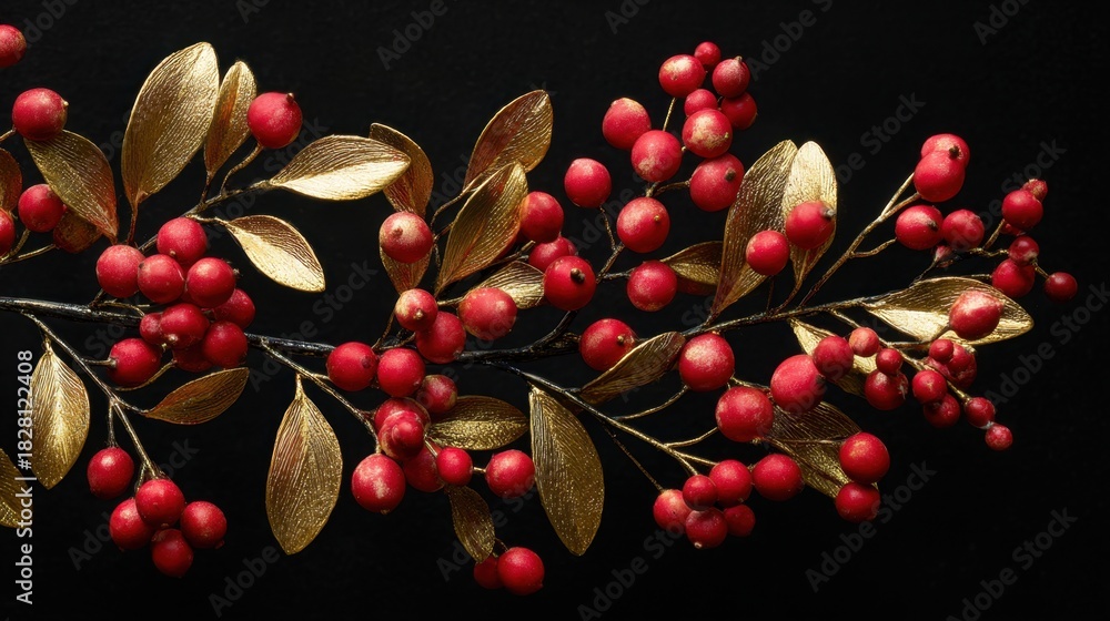 Obraz premium A gold leafy branch with red berries on it. The branch is on a black background