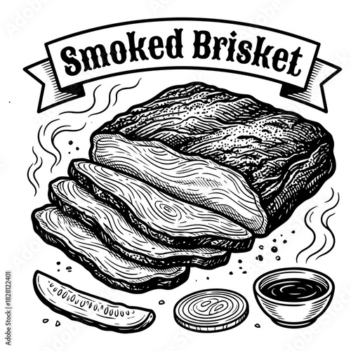 A vintage-style black and white illustration of a sliced smoked brisket with barbecue sauce, onion, and a pickle.