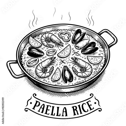 A vintage black and white sketch of a steaming Spanish seafood paella with shrimp, mussels, and lemon.