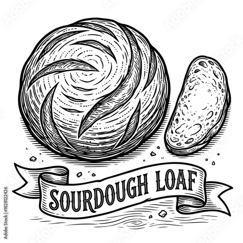 A vintage black and white woodcut style illustration of a sourdough loaf and a single slice with a banner.