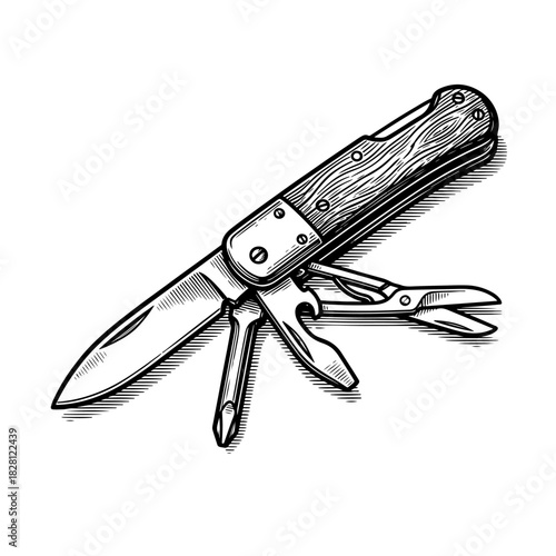 A detailed black and white sketch of a classic multi-tool pocket knife with a wooden handle and various implements.