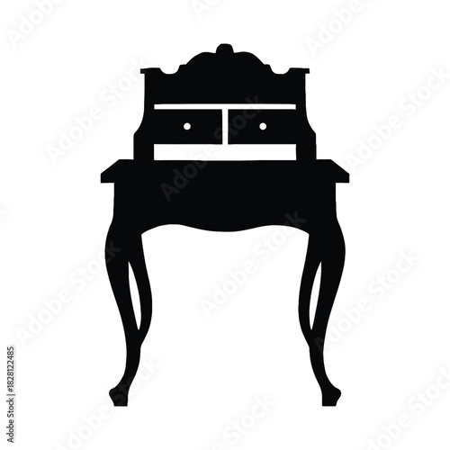 Black silhouette of an ornate vintage dressing table with drawers and curved legs Keywords: dressing table, vanity